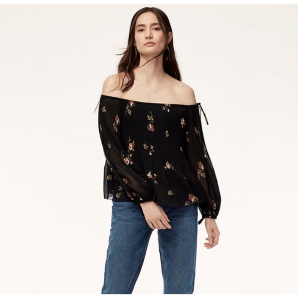 Wilfred Free Black Floral Print Pleated‎ Off Shoulder Blouse Top Size S